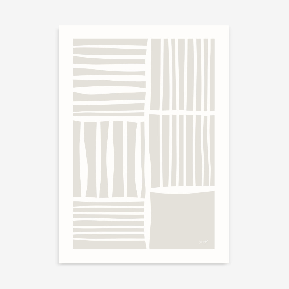 Minimalist grid artwork with pale beige linear patterns in six geometric sections
