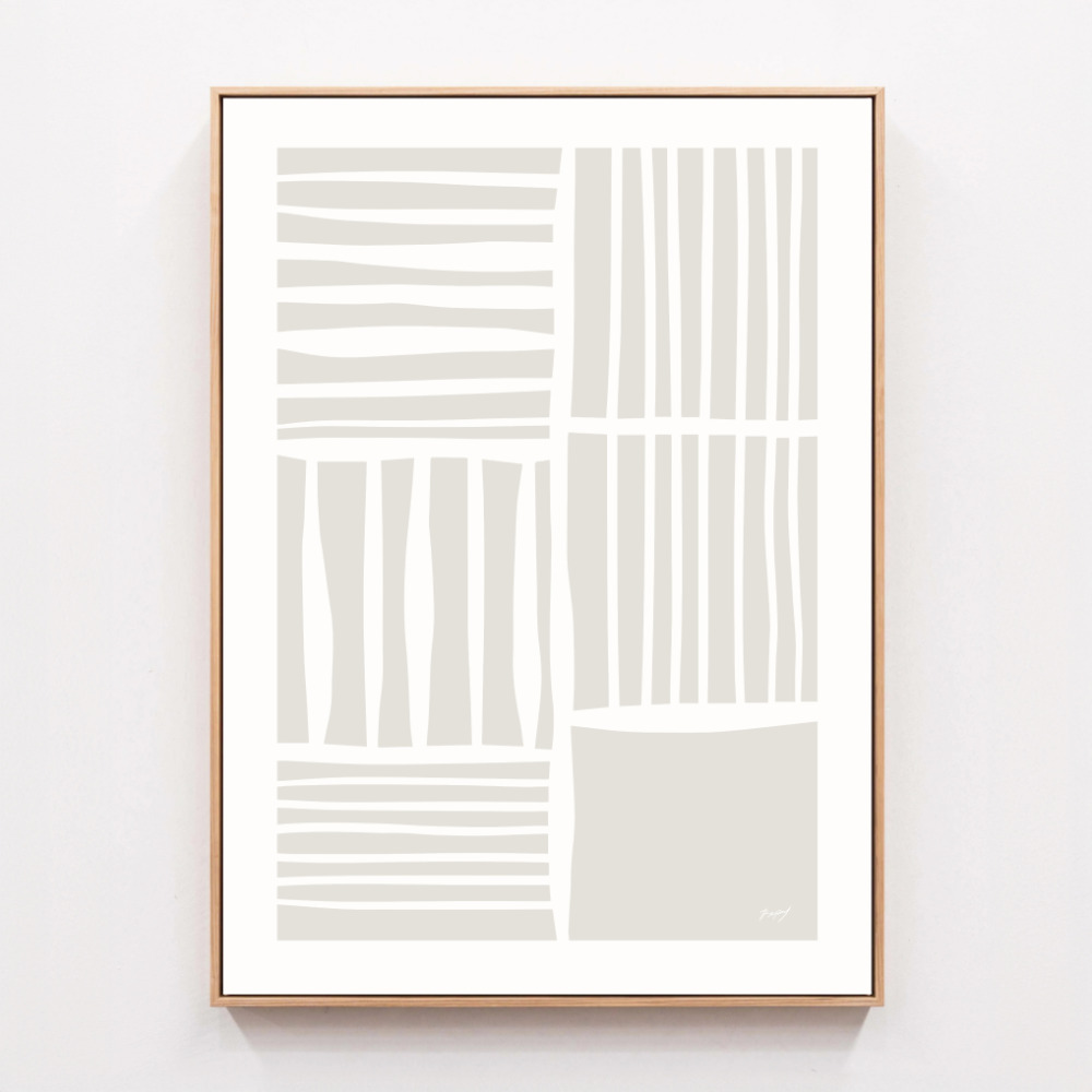 Minimalist geometric abstract print with soft gray stripes arranged in varied patterns.