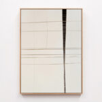 Minimalist abstract artwork with subtle grid lines in cream and brown, simple wood frame.