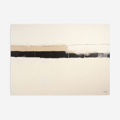 Minimalist abstract painting with black horizontal line dividing cream canvas.