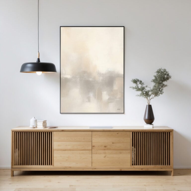 Minimalist living room with oak console and neutral abstract landscape painting.