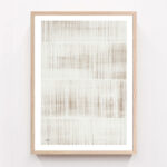 Minimalist artwork with delicate vertical lines arranged in rhythmic patterns across cream background.