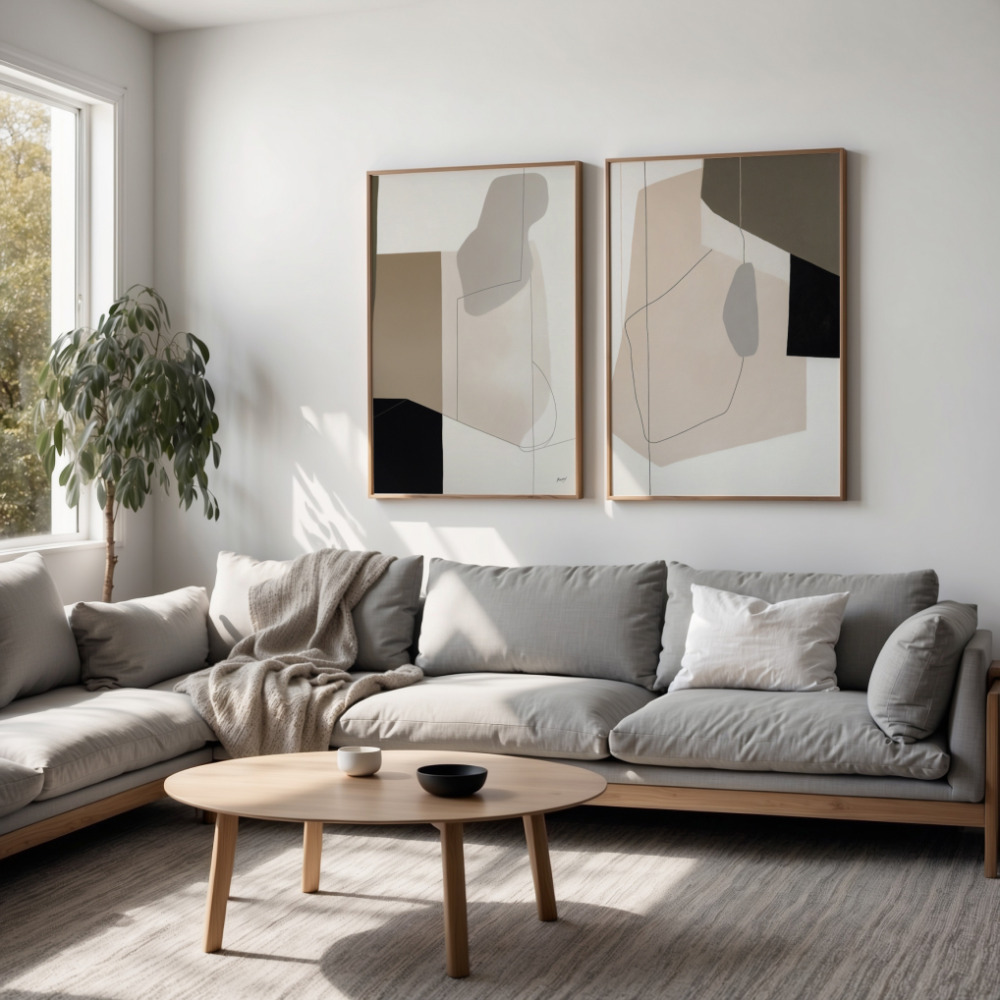 Light-filled living room with gray sectional sofa and neutral abstract wall art.