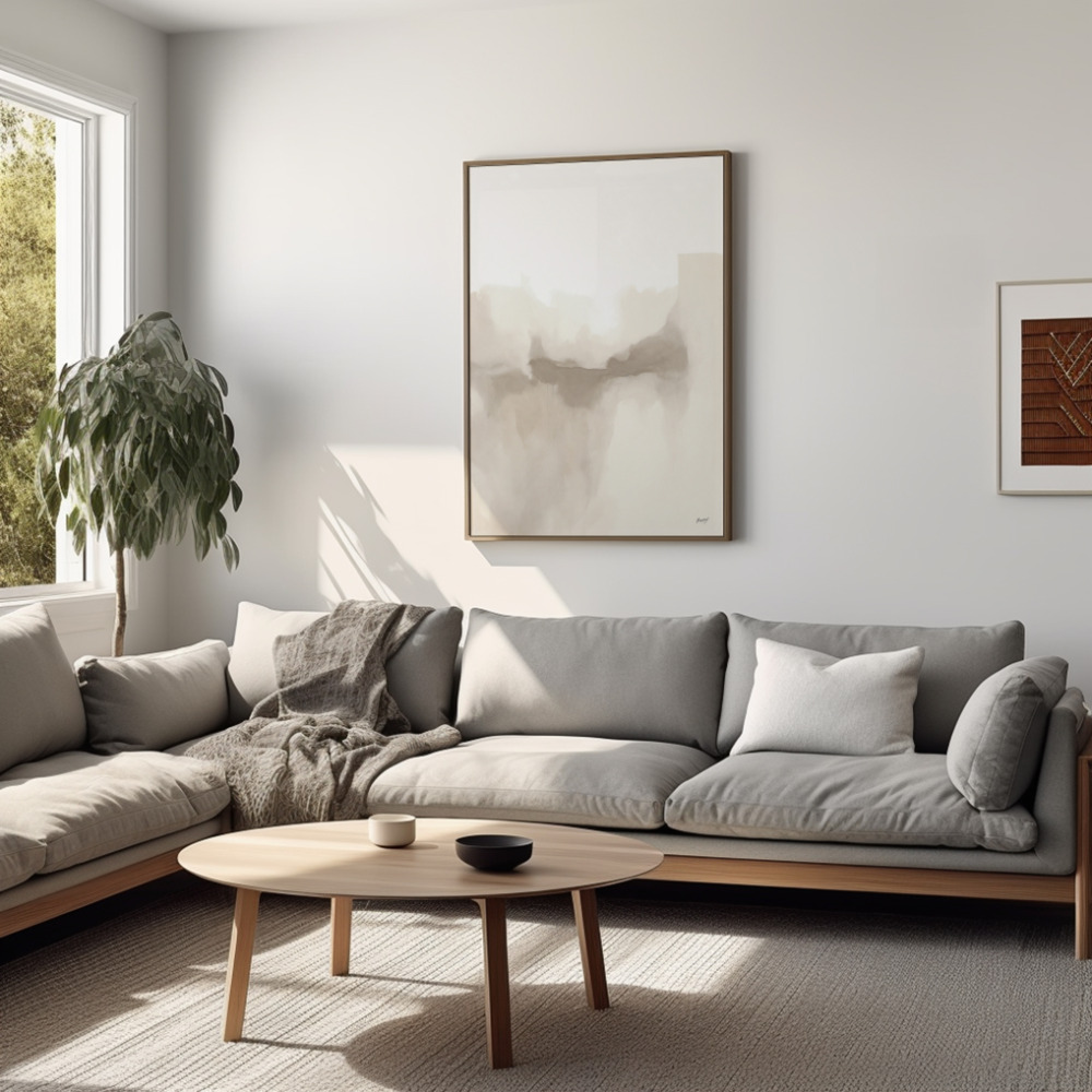 Bright contemporary living room with gray L-shaped sofa and minimalist wooden coffee table.