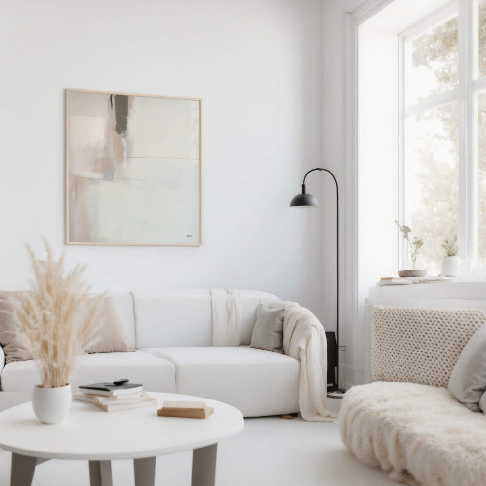 Serene minimalist living room with white sofa, natural light and neutral decor.
