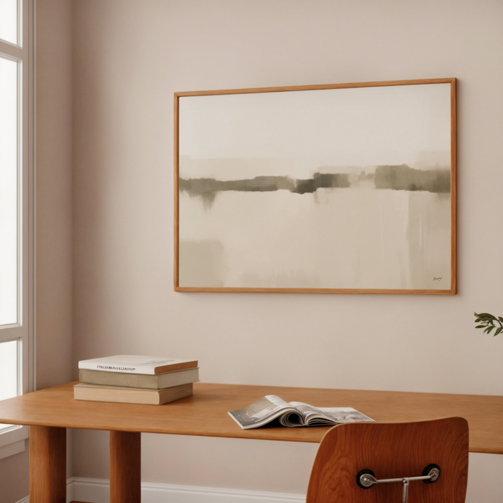 Minimalist desk space with wooden furniture and abstract gray landscape artwork mounted above.