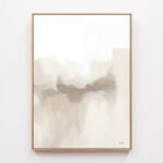 Minimalist abstract landscape artwork with soft beige and gray tones in wooden frame.