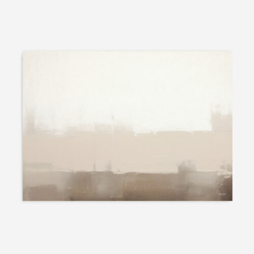 Misty landscape with soft silhouettes emerging through fog in ethereal morning light.