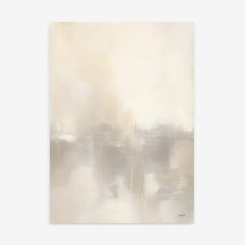 Abstract painting in neutral beiges and grays creating a misty, dreamlike atmosphere.