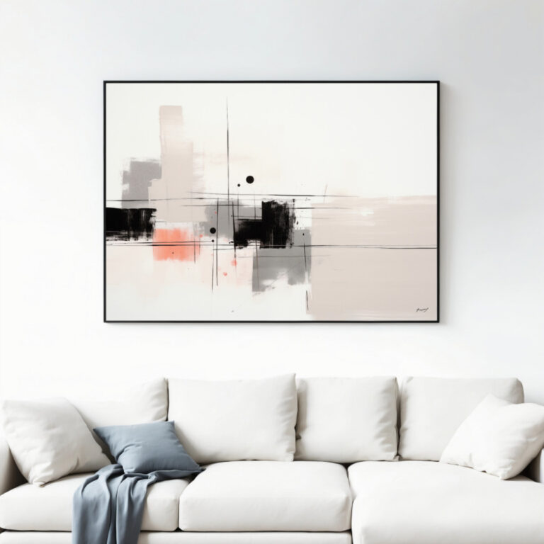 Modern minimalist abstract canvas art with black and coral geometric shapes above white sofa.