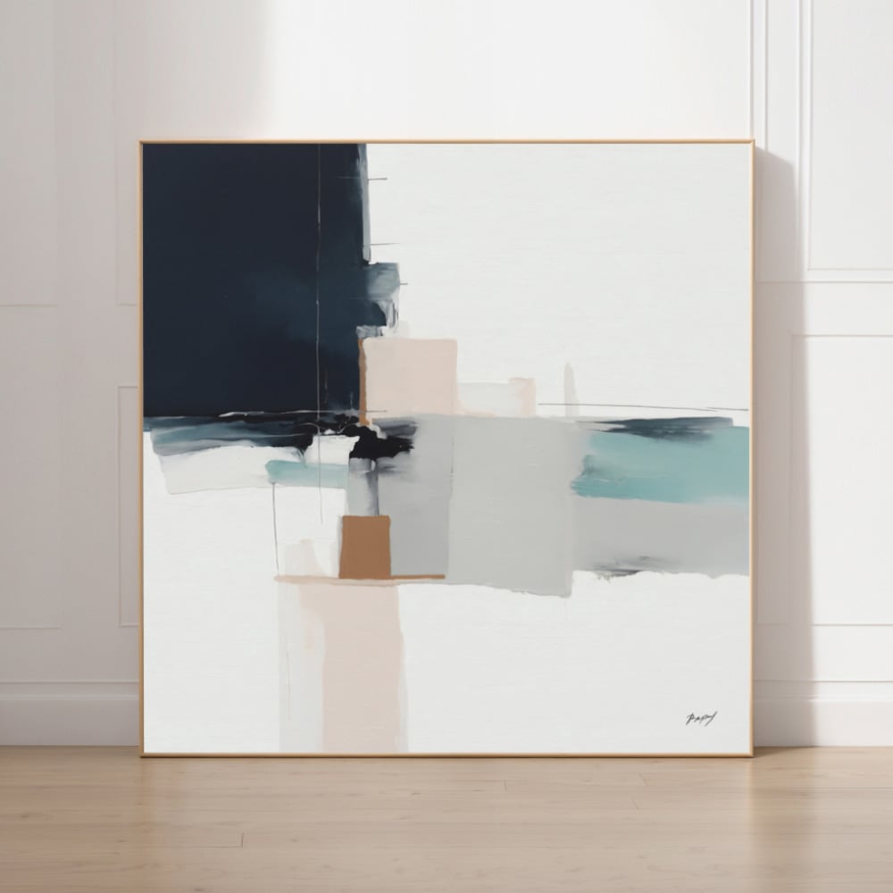 Modern abstract canvas with navy geometric blocks on white background