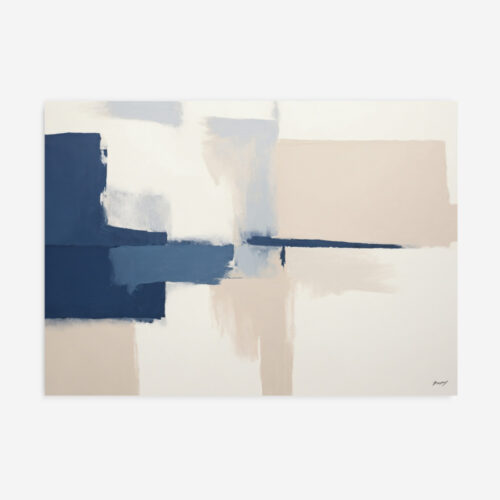 Minimalist abstract painting with navy blue and cream geometric shapes