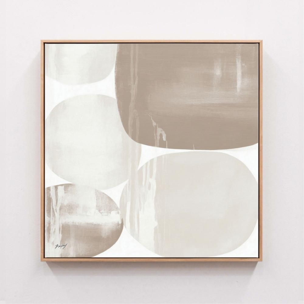 Abstract minimalist artwork featuring soft, organic shapes in white and beige tones.