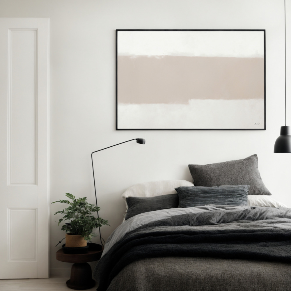 Minimalist bedroom with abstract beige artwork, gray bedding, and wooden nightstand.