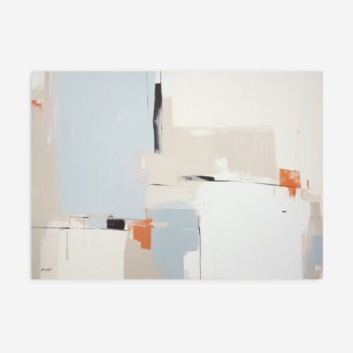 Minimalist geometric abstract with soft blues, grays and warm orange accents.