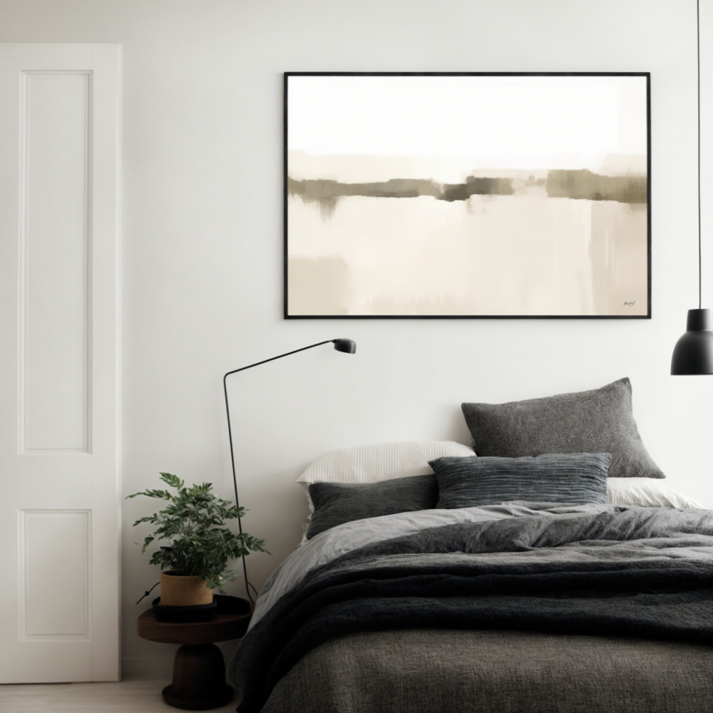 Minimalist bedroom with abstract landscape art, gray bedding, and simple decor.