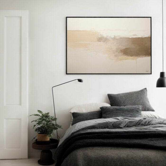 Minimalist bedroom with abstract beige artwork and layered gray bedding