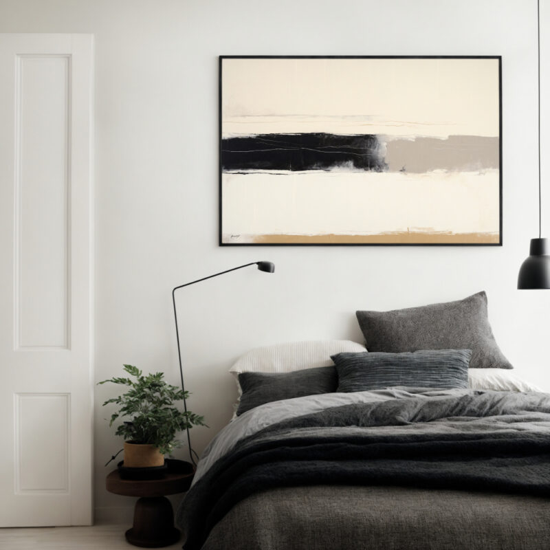 Modern minimalist bedroom with black and beige abstract artwork above gray bedding.