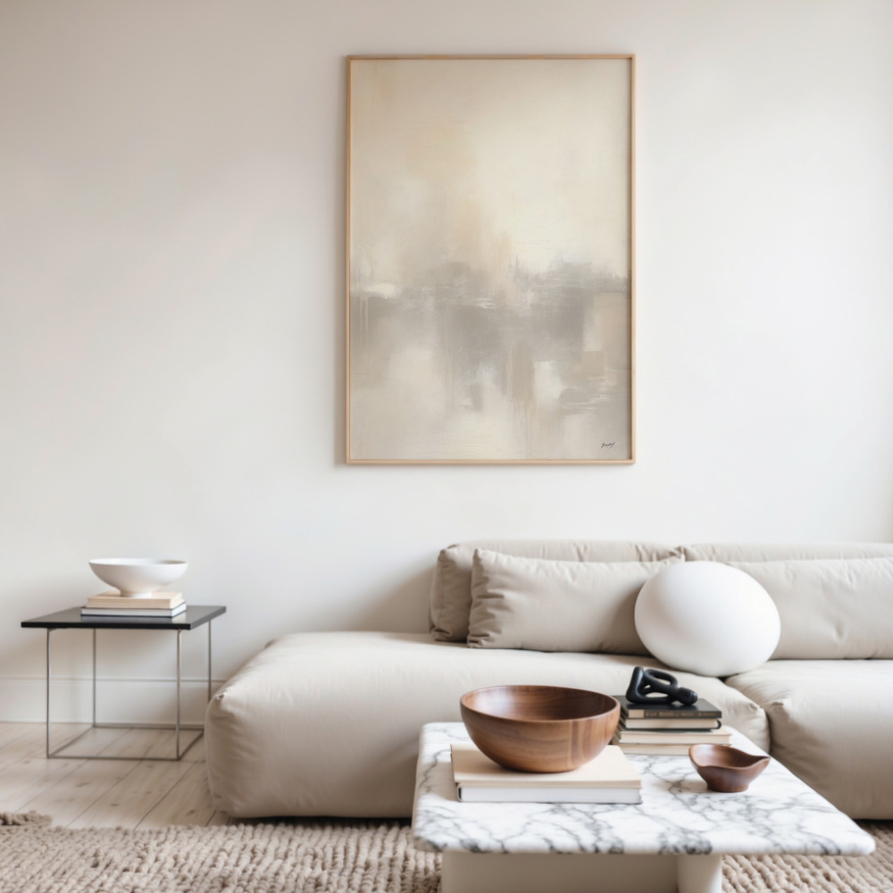 Neutral abstract painting with soft brushstrokes above cream sofa and marble coffee table.