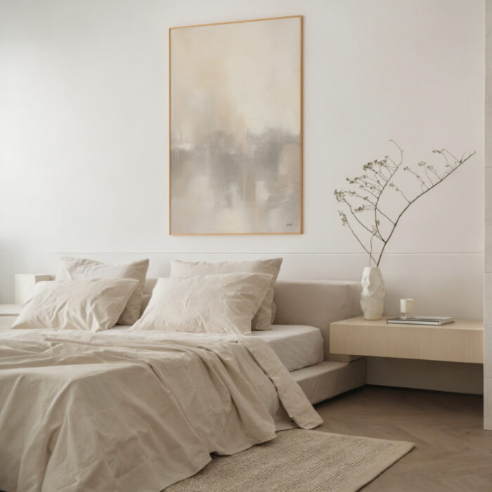 Minimalist bedroom with neutral tones featuring abstract wall art and simple decor.