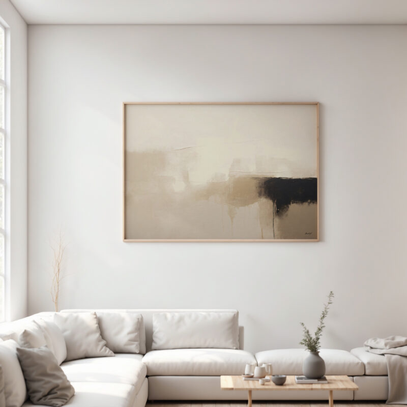 Serene living room with neutral tones, white sofa and minimalist beige abstract artwork.
