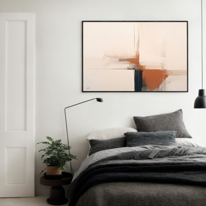 Minimalist bedroom with abstract art in black and terracotta above gray bedding.