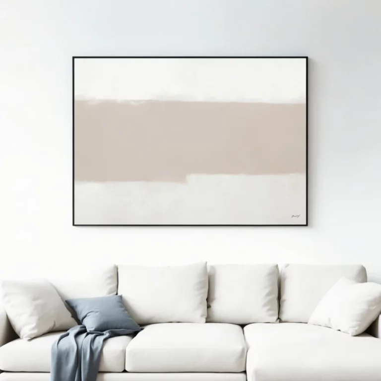 Minimalist neutral tones art print in a black frame, displayed above a white sectional sofa in a bright living space.
