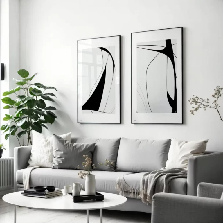 Black and white abstract line drawings framed in black, arranged as a diptych above a gray sofa in a modern living room setting.