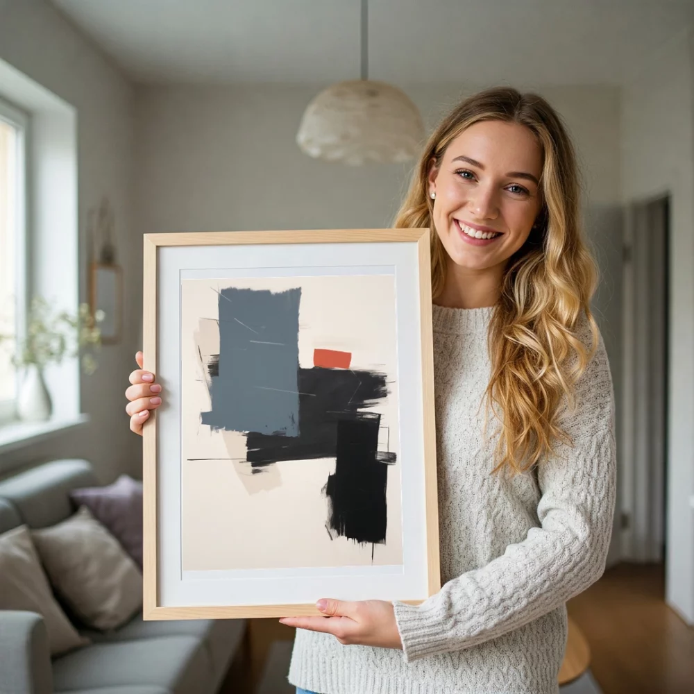 Person in white sweater displaying abstract black and orange framed artwork in modern home.