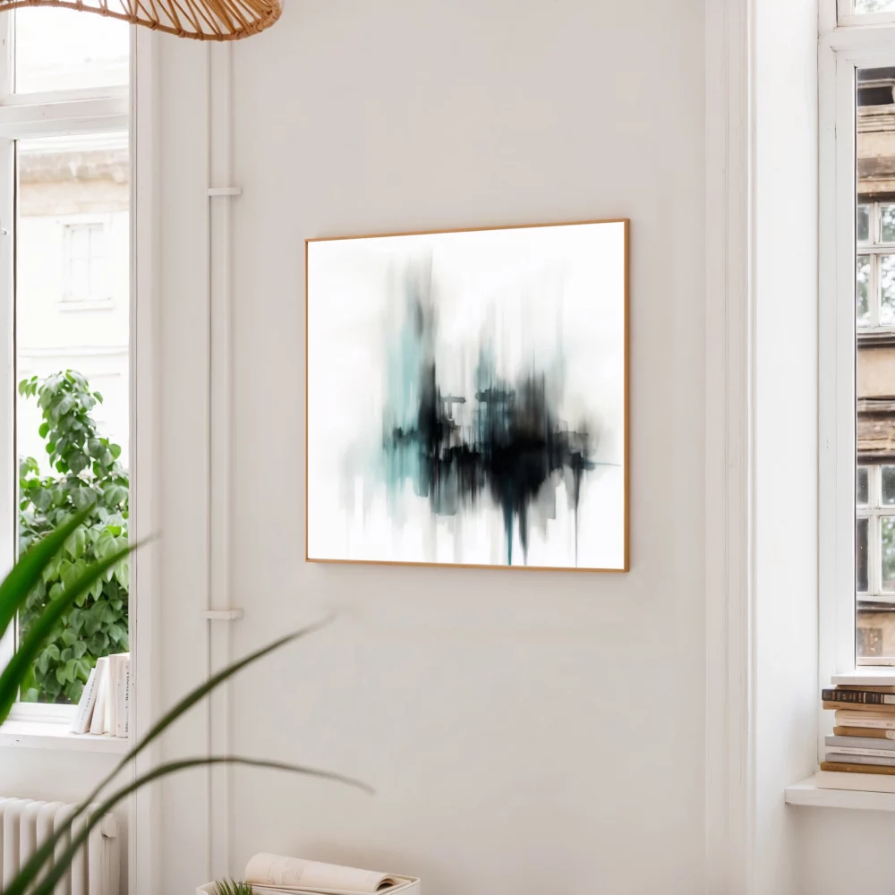 Minimalist abstract artwork with teal brushstrokes on white wall beside green plant.