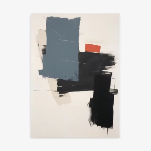 Abstract geometric painting with blue rectangle above black expressive brushstrokes on cream background.