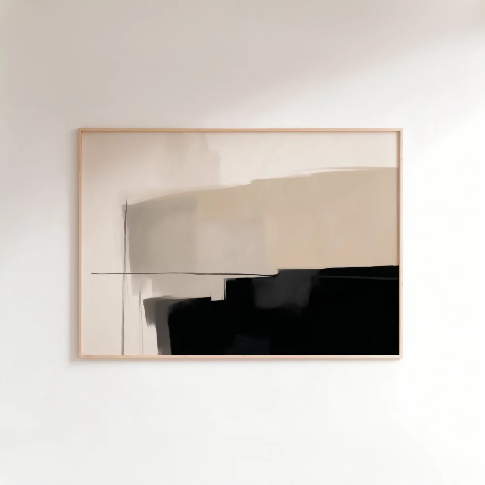 Minimalist abstract artwork with cream, beige and black geometric shapes in wooden frame.