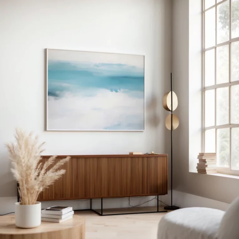 Serene abstract seascape above mid-century credenza in minimalist living space.
