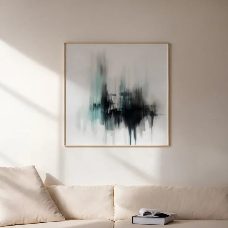 Abstract wall art hanging above beige sofa in minimalist living room.