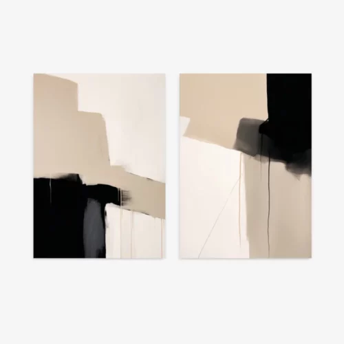 Minimalist abstract diptych with beige and black geometric forms creating elegant contrast.