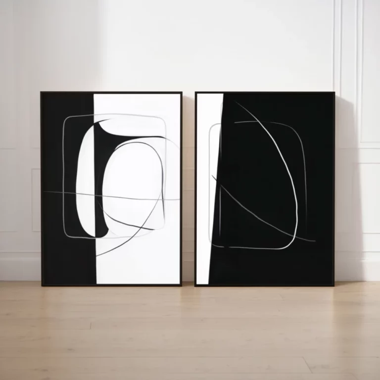 Two modern black and white abstract art pieces displayed side by side.