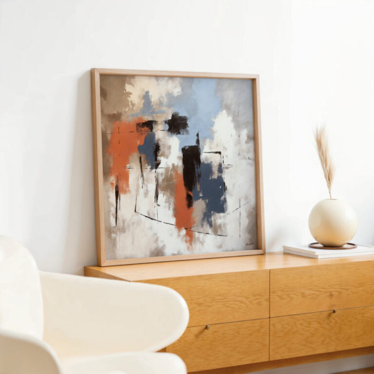 Modern abstract painting featuring blended brushstrokes and shapes in orange, blue, black, white, and beige, framed and displayed on a light wood credenza.