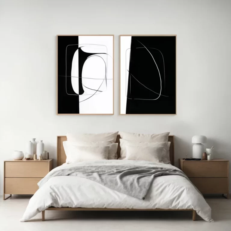 Minimalist bedroom with modern diptych art above wooden bed frame.