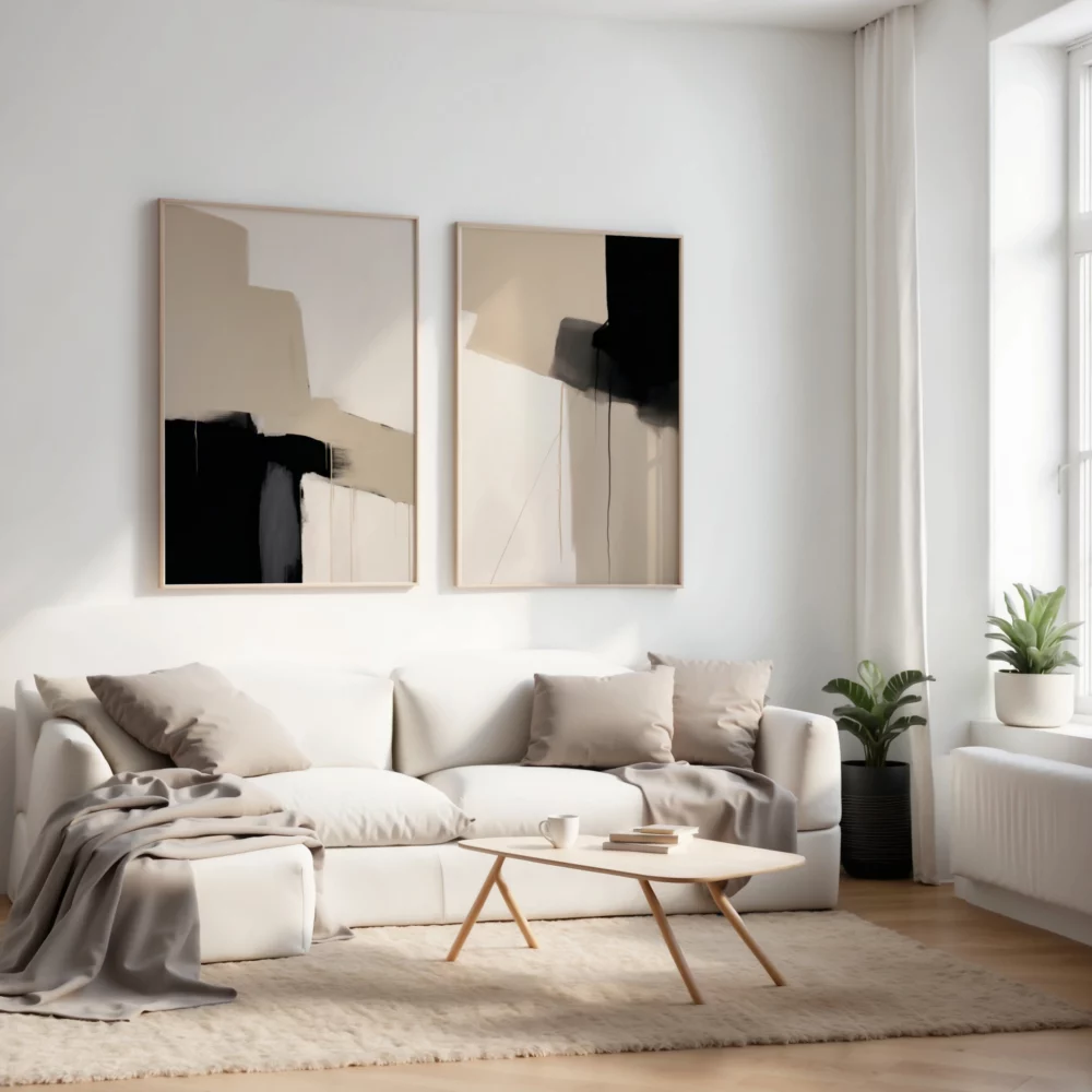 Minimalist living room with white sofa, abstract artwork and modern decor.