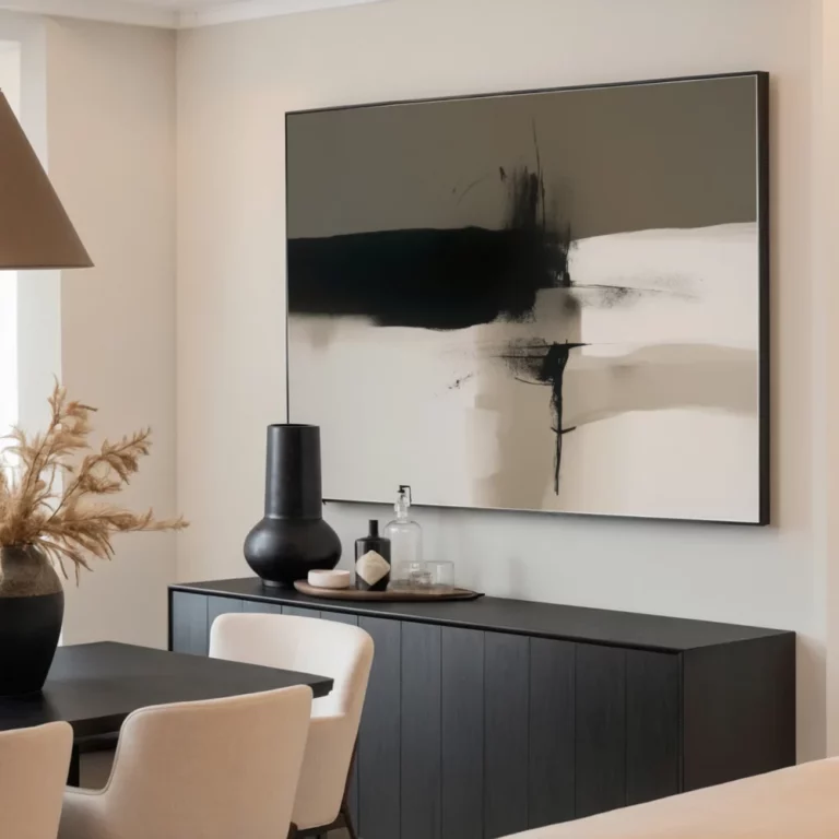 Black and white abstract artwork above modern credenza in elegant neutral-toned dining space.