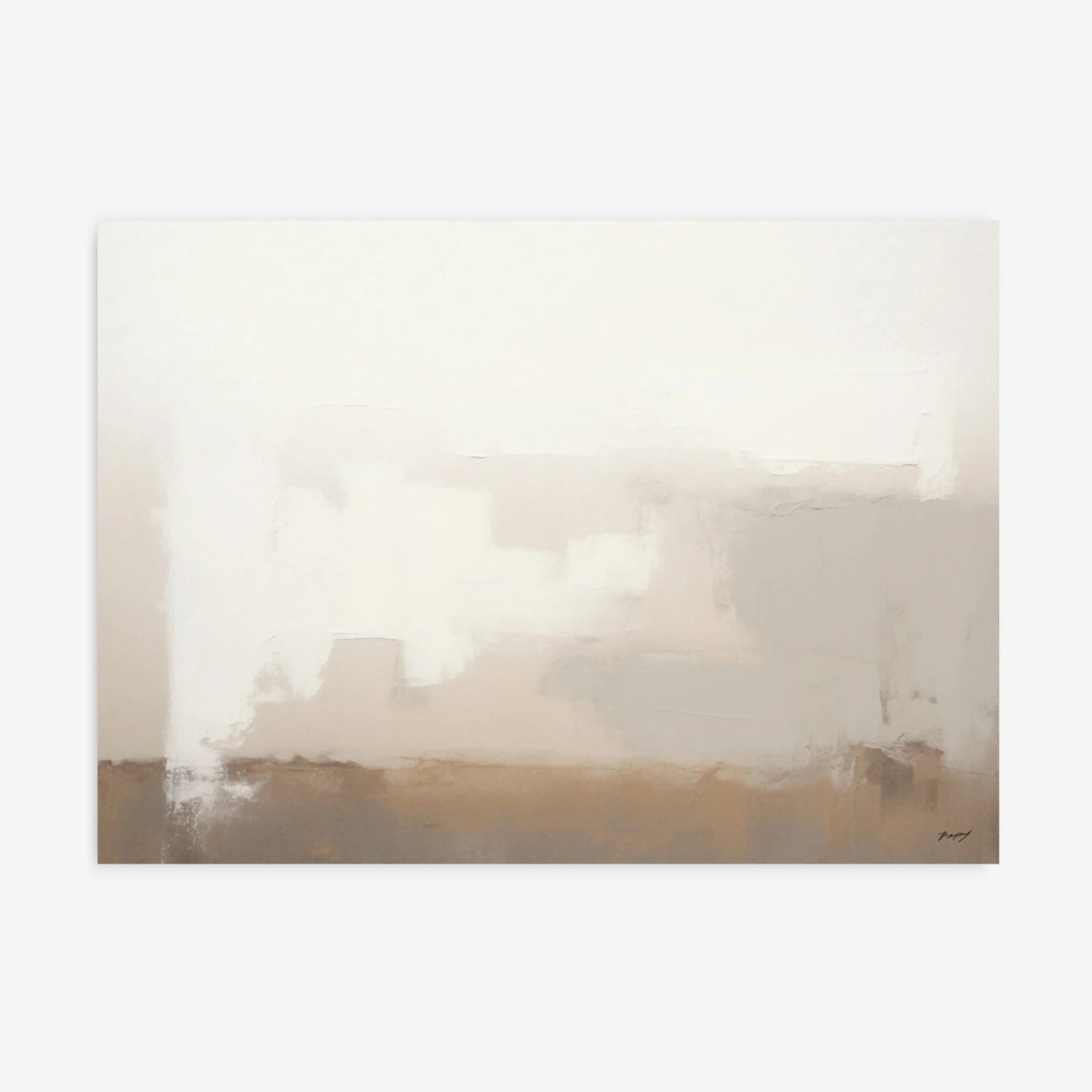 Abstract landscape painting with foggy horizons in muted beige and cream tones.
