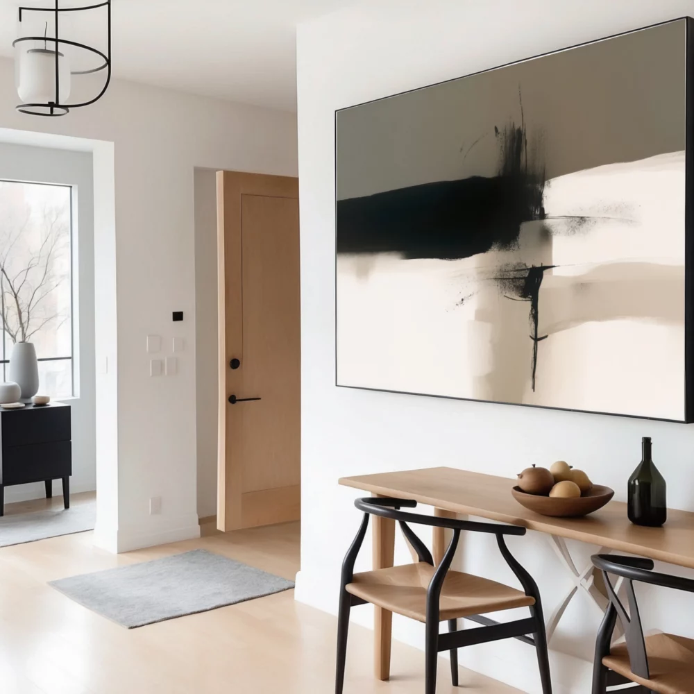 Minimalist interior with abstract artwork, wooden furniture and neutral color palette.
