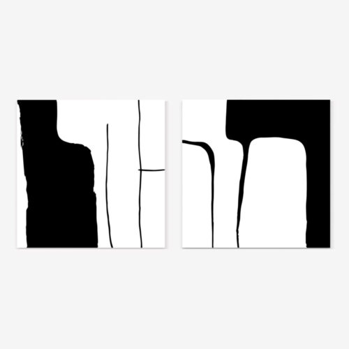 Minimalist black and white abstract diptych with bold vertical forms and geometric shapes.