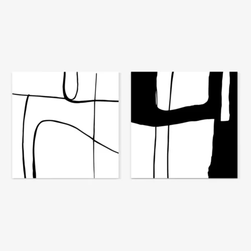Minimalist black and white abstract art prints with contrasting geometric forms.
