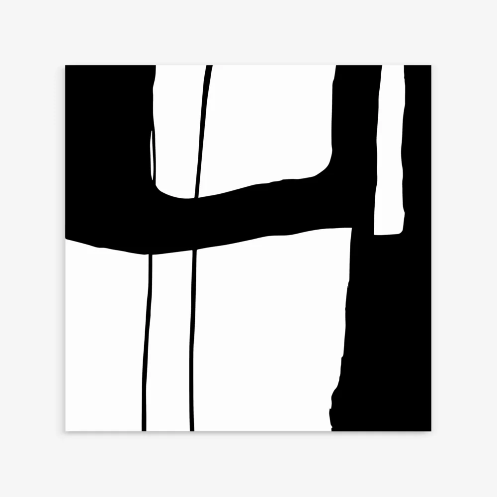 Minimalist black and white abstract artwork with bold geometric shapes and vertical lines.