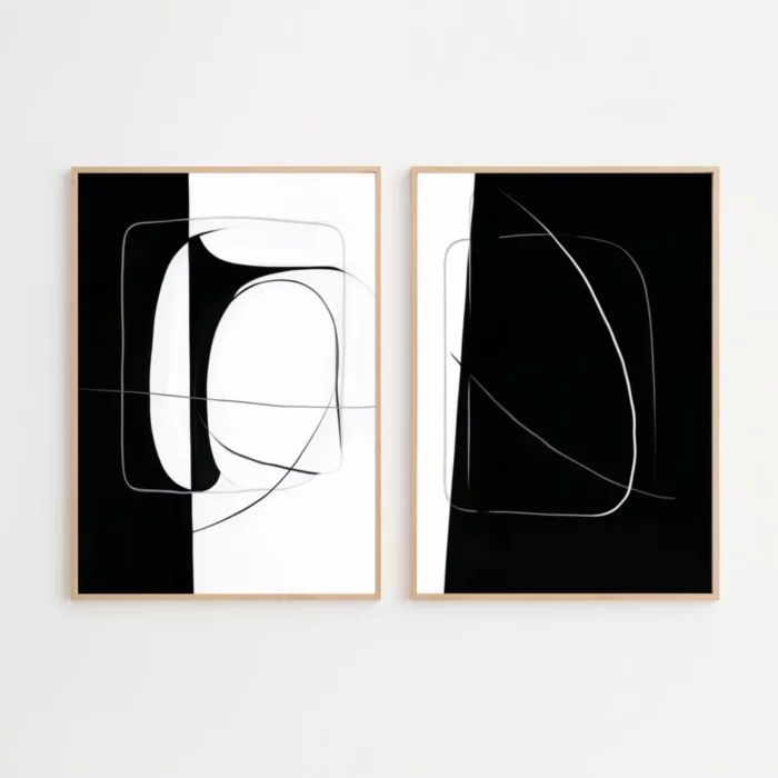 Minimalist black and white abstract diptych with curved lines in wooden frames.