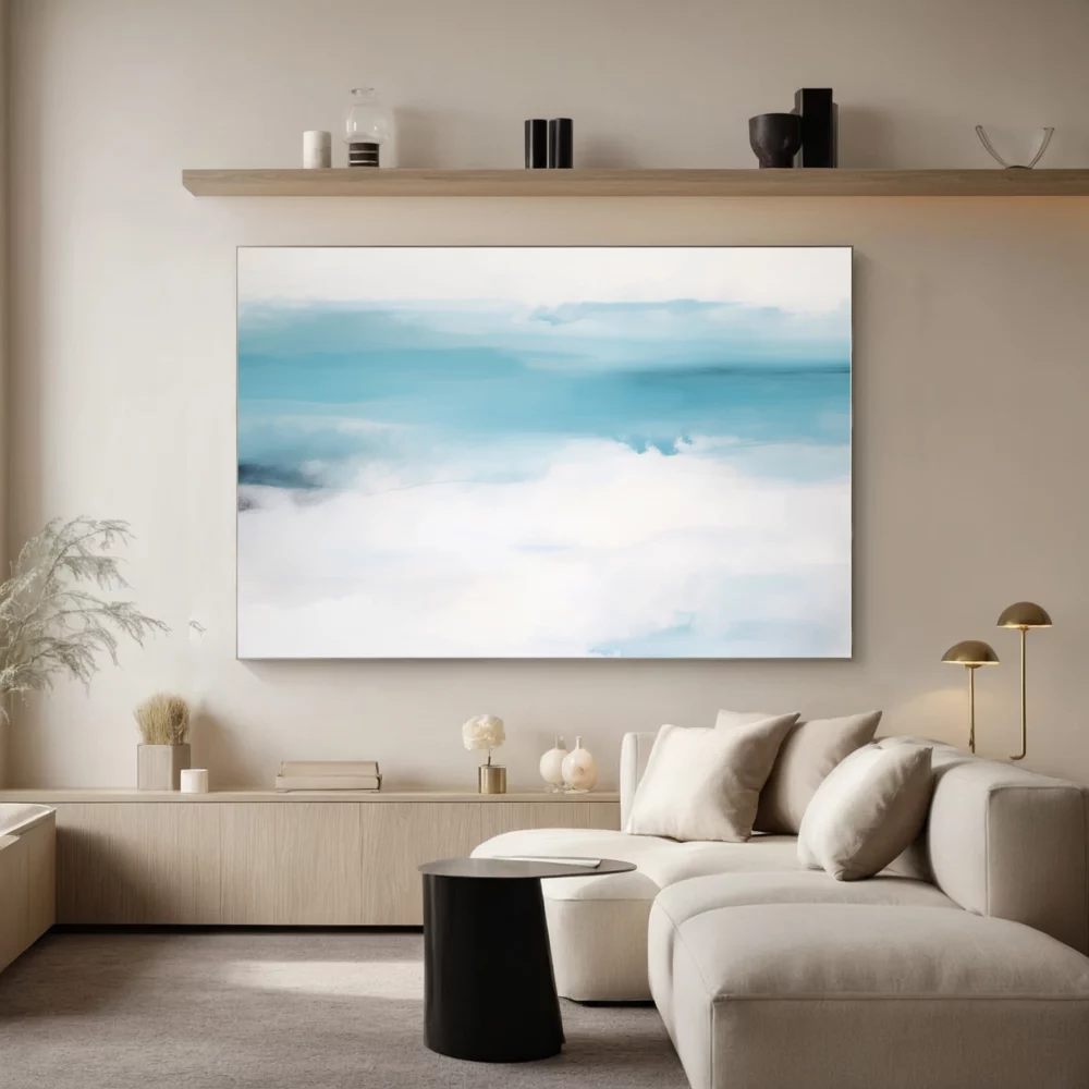 Minimalist living room with abstract blue seascape artwork and neutral furnishings.