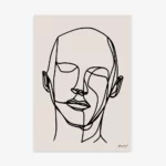 Minimalist continuous line drawing of a face on beige background.