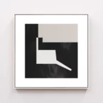 Minimalist geometric abstract artwork with black, white and beige shapes in square frame.