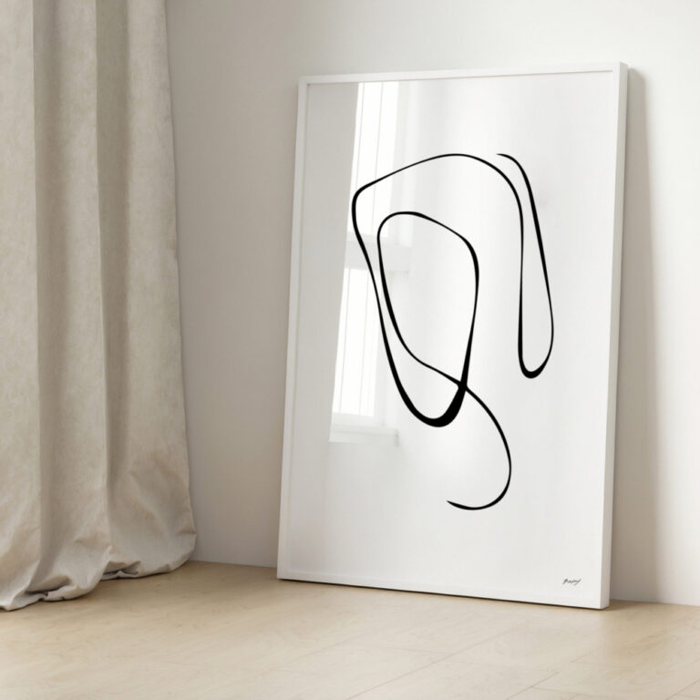 Minimalist line art bedroom decor featuring a single, continuous black line forming an abstract shape on a white background, leaning against a wall near a curtain.